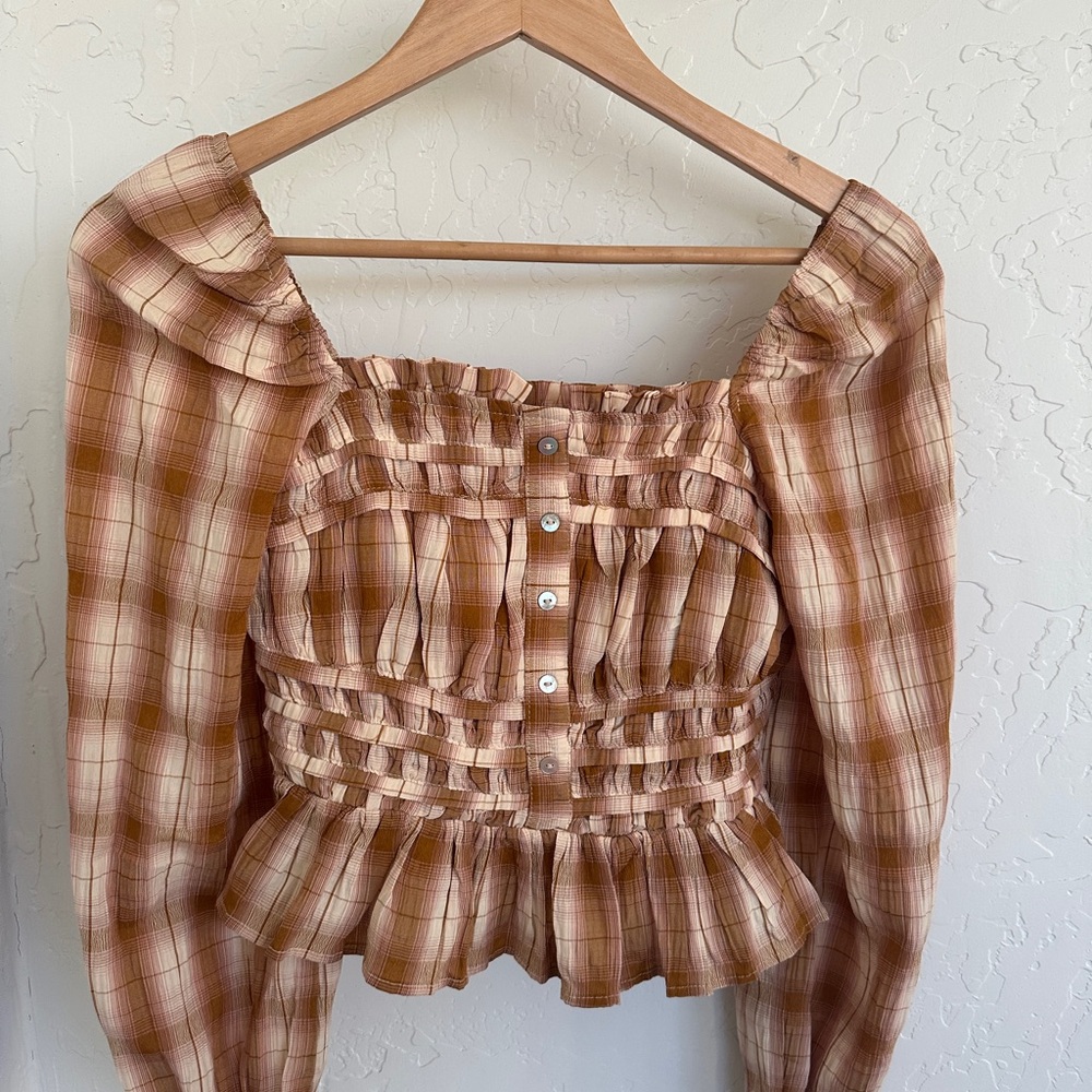 Boutique Plaid Ruffle Top - Brown
